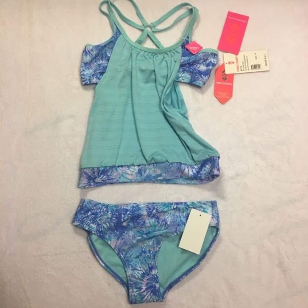 Free Country Tankini Swimsuit Girls Size 4 Teal Blue NWT Tie Dye 2-Piece Set